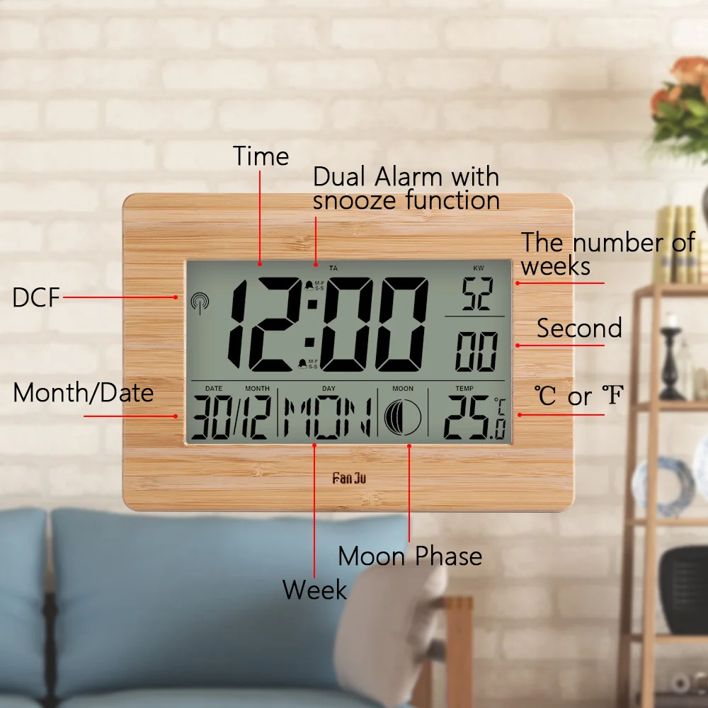 FanJu FJ3530 Wall Clock Thermometer Digital Alarm Watch Date Week Temperature Large Number DCF Radio Table Desk Clocks