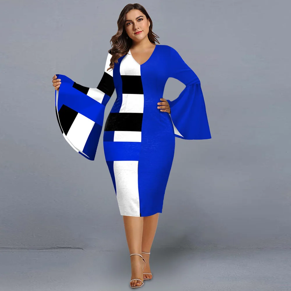 Plus Size Dresses for 2022 Elegant Geometric Print Evening Party Dress V Neck Flare Sleeve Club Outfits Women\'s Clothing