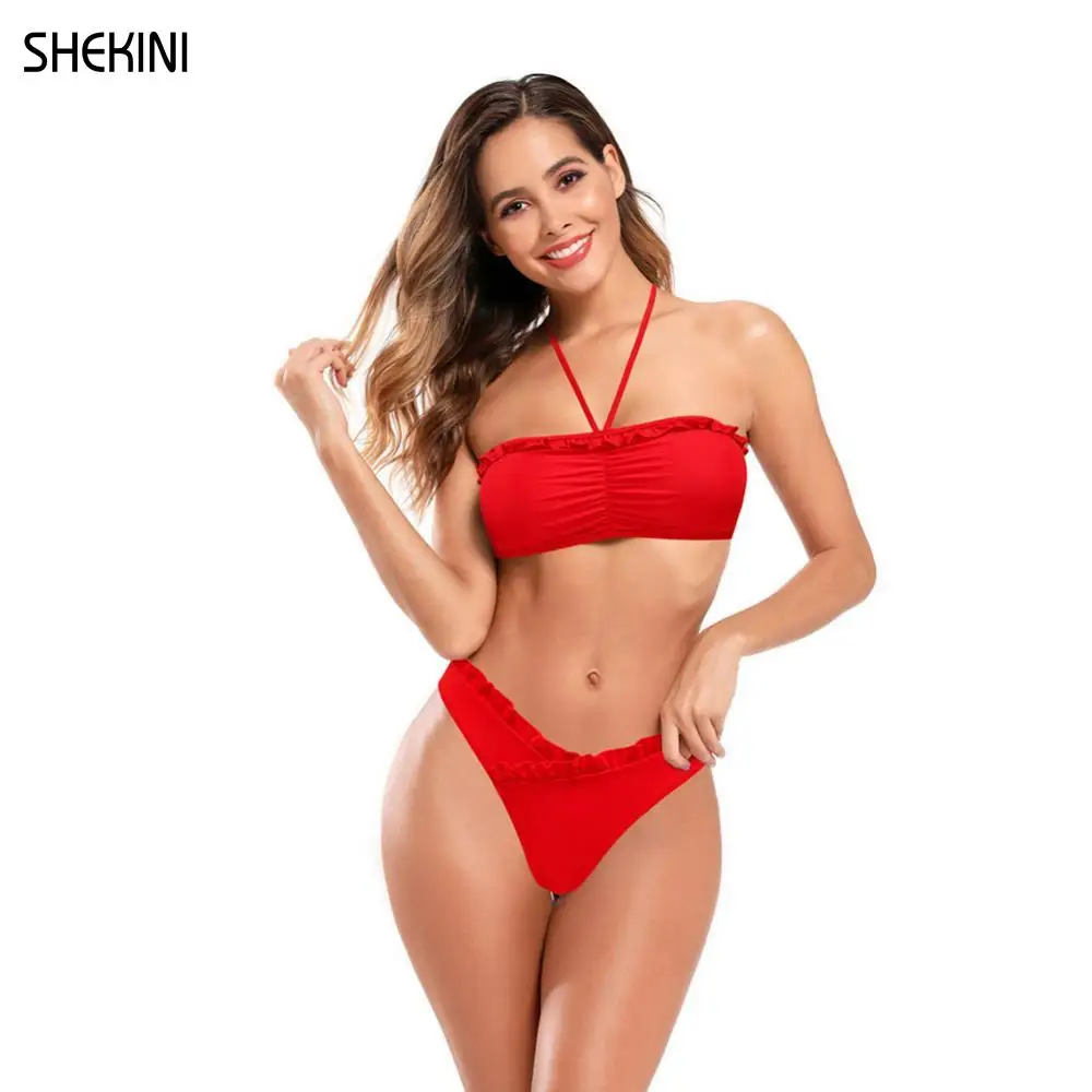 SHEKINI Women's Swimwear Bandeau Ruched Halter Ruffled Trim Bikini Set Low Waist Bottoms Two Piece Swimsuits Beach Bathing Suits