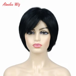 Aimolee 10 Inch Short Silk Straight Side Bangs Heat Resistant Synthetic Hair Wigs for Daily Party Cosplay