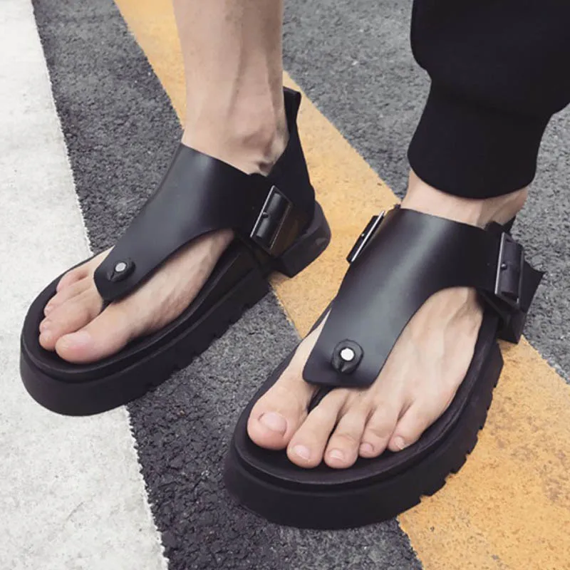 Summer Mens Fashion Thick Platform Flip Flop Sandals Vintage Gladiator Buckle Male Genuine Leather Beach Sandals Shoes