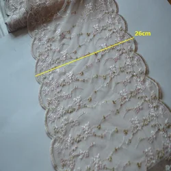 2Y 26cm Wide Translucent Pink Gauze Gold Thread Embroidery Mirror Floral Lace Hight Quality Lace Fabrics Embroidered Lace