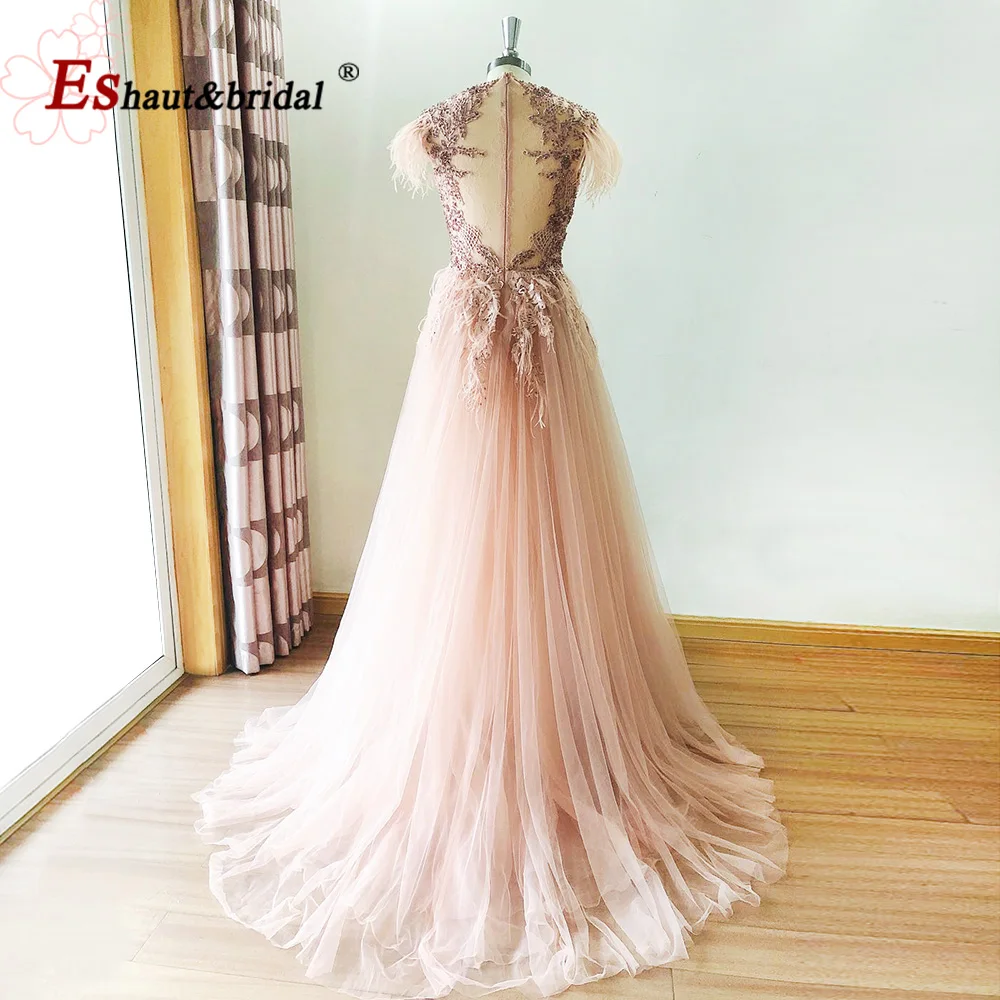 Elegant Feather Evening Night Dress for Women 2023 Mermaid Sleeveless Crystal Handmade O Neck Formal Prom Wedding Part Gowns