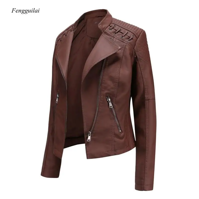 Collar Pu Faux Leather Women Luxury Jacket Black Pink Red Biker Coat