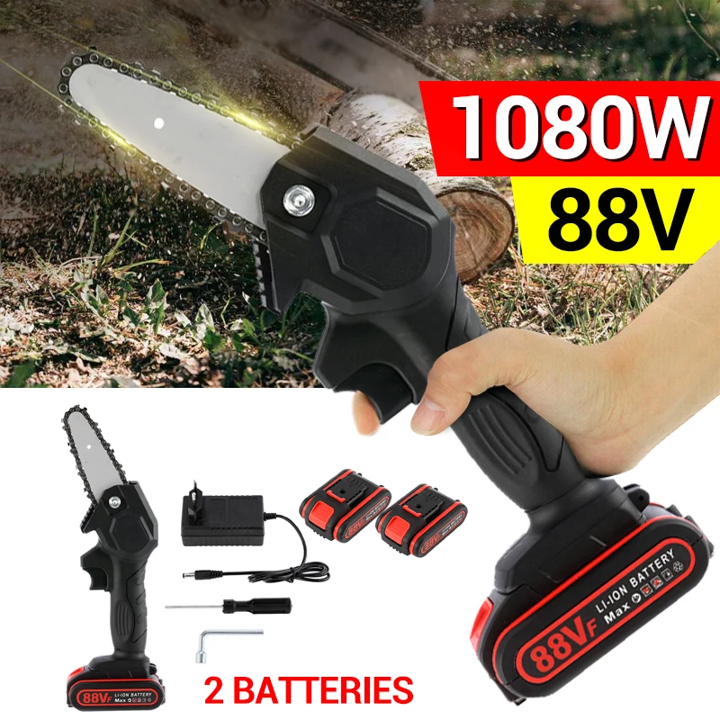 

1080W 4 Inch 88V Mini Electric Pruning Chain Saw With 2 Battery Woodworking Chainsaw Garden Logging Cutter Tool Rechargeable