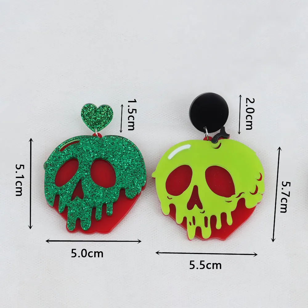 Halloween Acrylic Pink Green Skull Face Drop Earrings For Women Big Glitter Powder Shiny Peach Heart Dangle Earring Punk Jewelry