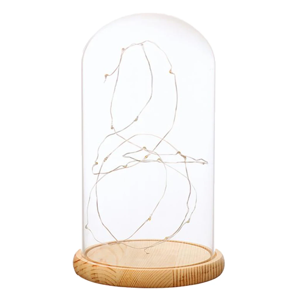 Rustic Cloche Style Glass Dome Bell Jar Wooden Base with LED Fairy Lights