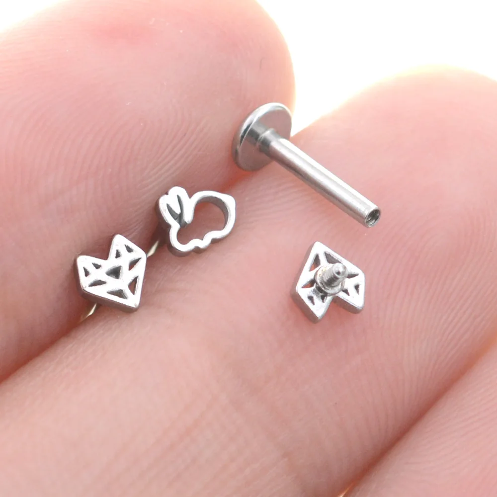 New 2Pcs 16G Bar Hollow Rabbit Earrings Heart Nose Stud Labret Ear Piercing Helix Tragus Cartilage Conch Lip Ring серьги Jewelry