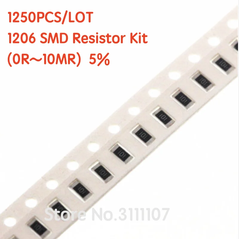 1250PCS/LOT  1206 SMD Resistor Kit (0R~10MR) 5% Chip Resistance Assorted Set 100%NEW 50 Kinds Each 25PCS