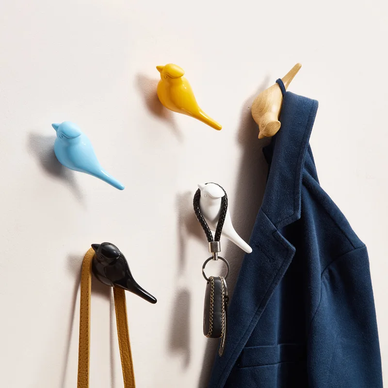 Ganchos de pared creativos, decoración de pájaros, ganchos de resina de grano de madera, puerta del dormitorio después de los animales, ganchos para abrigos 3D, colgador de pared individual
