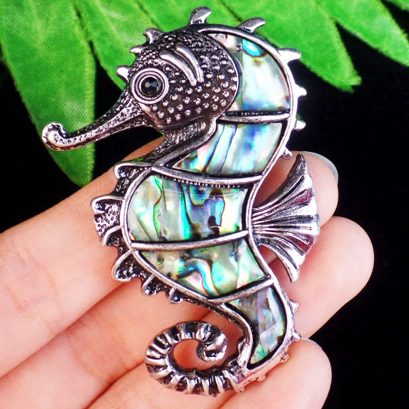 

58x41x11mm High quality Vintage Sea-horse Brooches For Women Shell Material Hippocampus Pin Fashion Retro Accessories