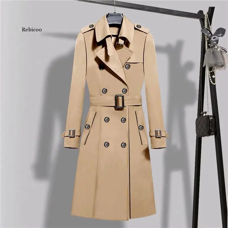 Spring Women Double Breasted Long Trench Coats Khaki Slim Belt Cloak Windbreaker Female  S-5XL Outerwears