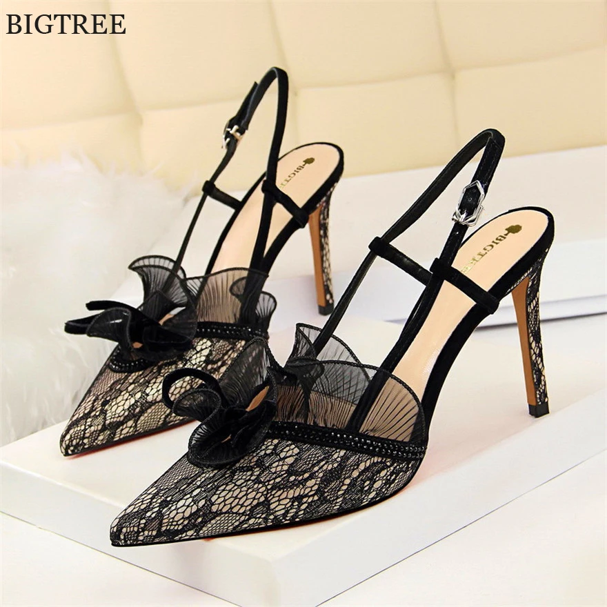 5cm/9cm High Heels Sexy Floral Lace Shoes Women Cut-Outs Fashion Back Buckle Strap Party Sandals Shallow Ladies Pointy Toe Pumps