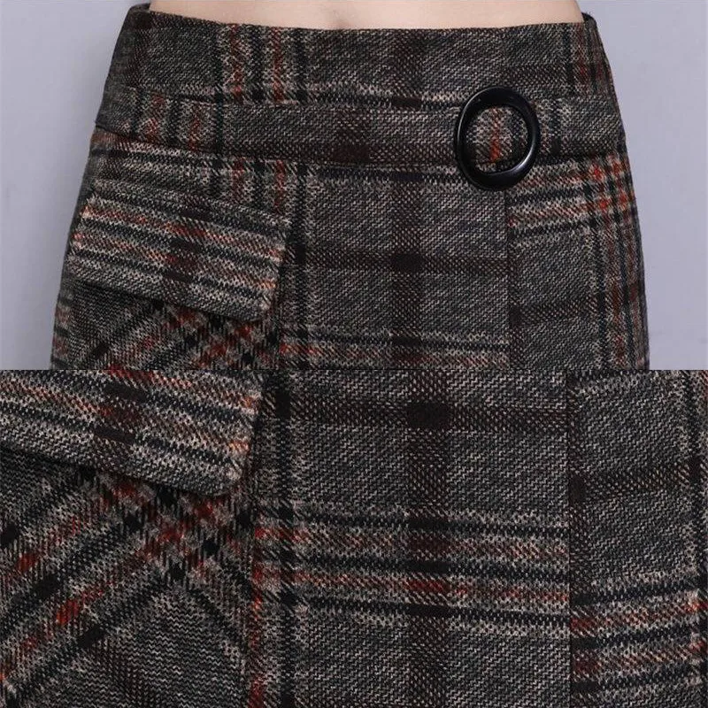 Elegant Retro Female Hight Waist Woolen Long Plaid Skirt Women Casual Straight Vintage Fashion Maxi Skirt Jupe Longue Femme Slim