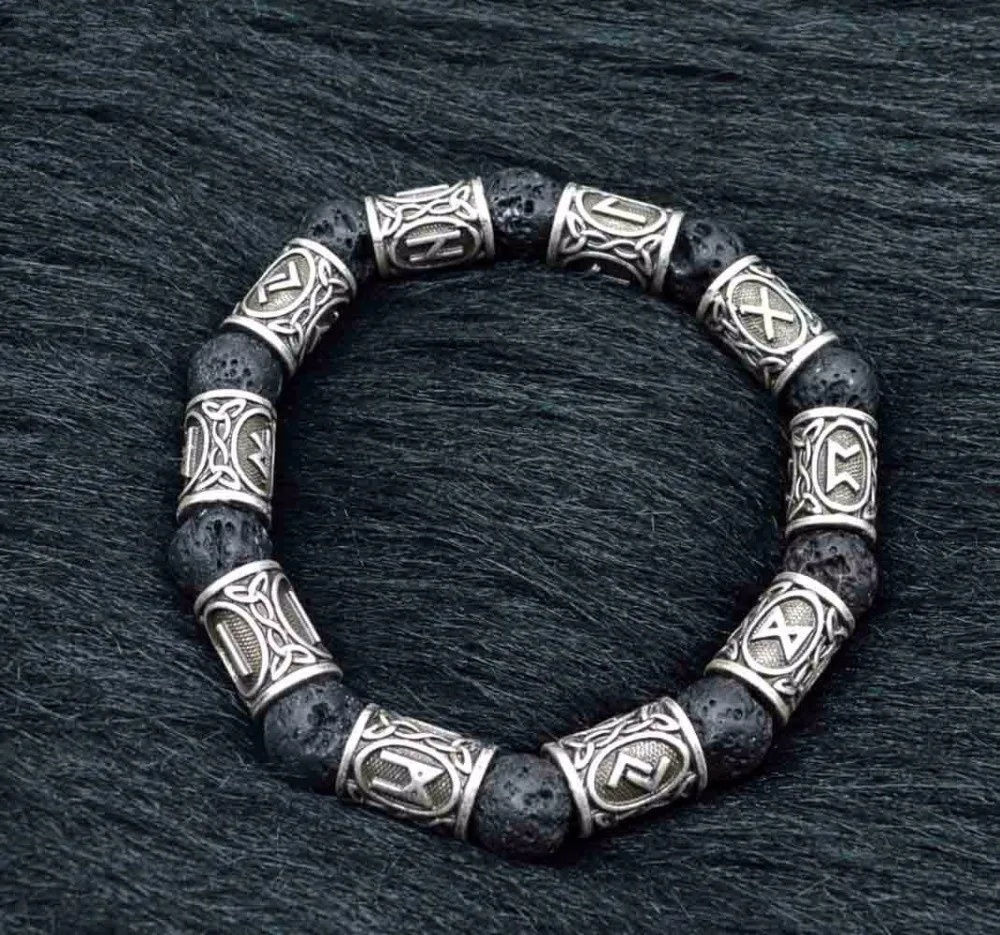 Vintage Volcano Lava Stone 10pcs Runes Beads Men Bracelet Viking Rune Bracelet Fashion Charm Jewelry Men Women Gift