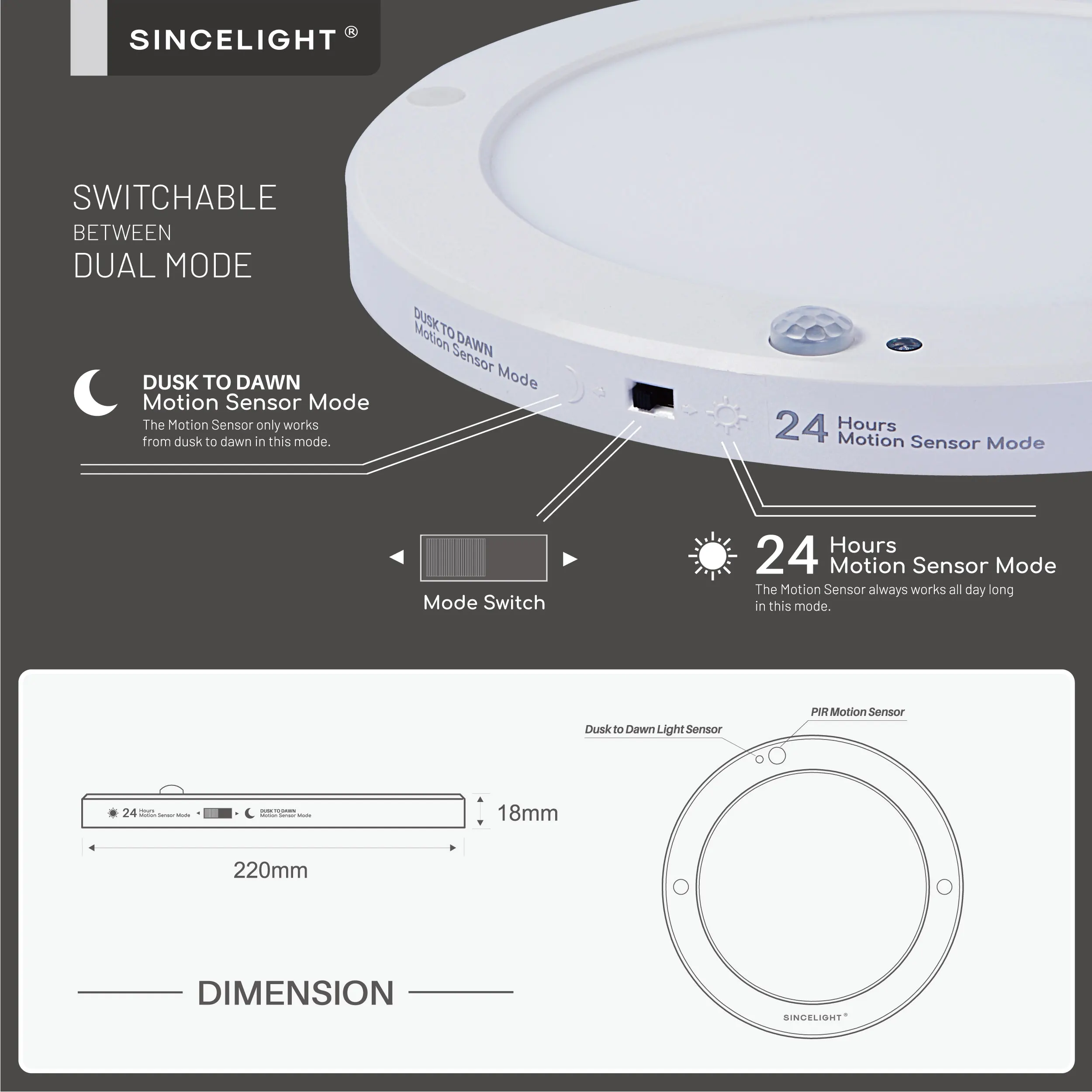 LED Motion Sensor Round Panel Ceiling Lamp Light Fixture 18W with Light Sensor and PIR Motion Detector Dual Mode Switchable