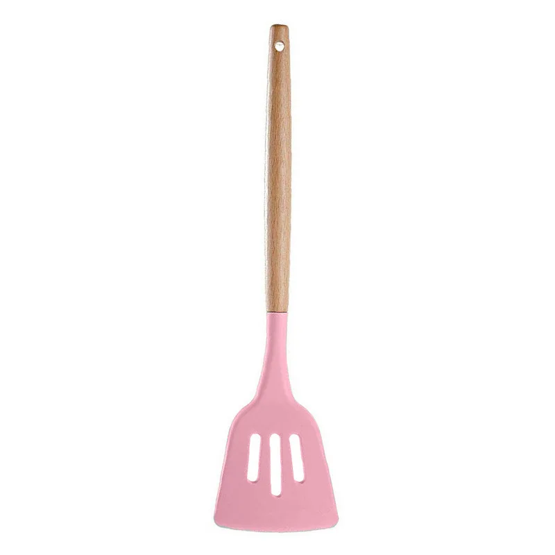 Pink Silicone Kitchen Tools Cooking Sets Soup Spoon Spatula Non-stick Shovel with Wooden Handle Special Heat-resistant Design