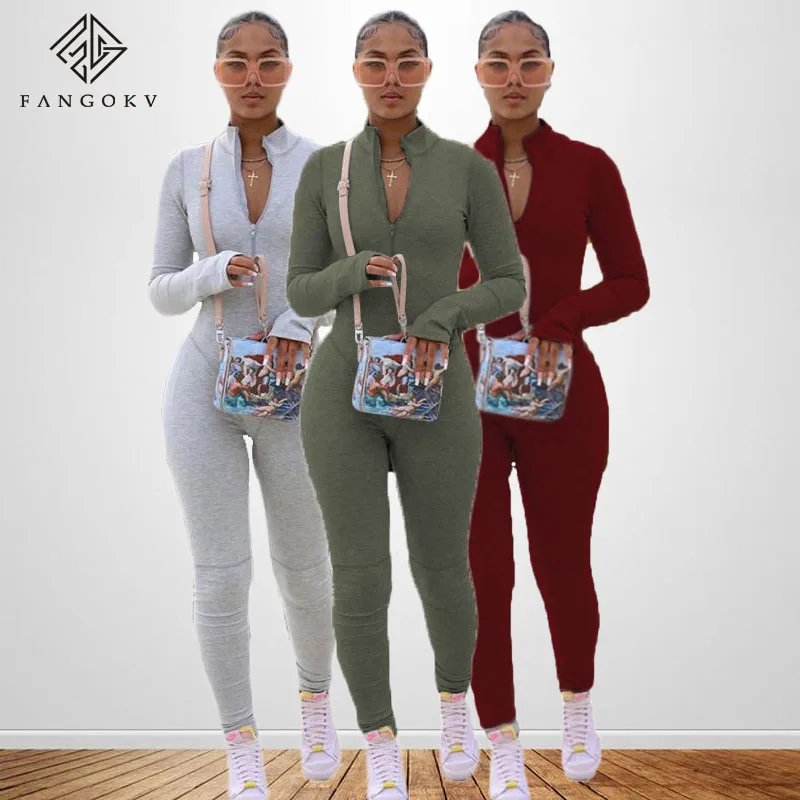 

Новый стиль, однотонный комбинезон для тренировок, женская одежда 2021, повседневные женские цельные комбинезоны на молнии, осенняя одежда для женщин