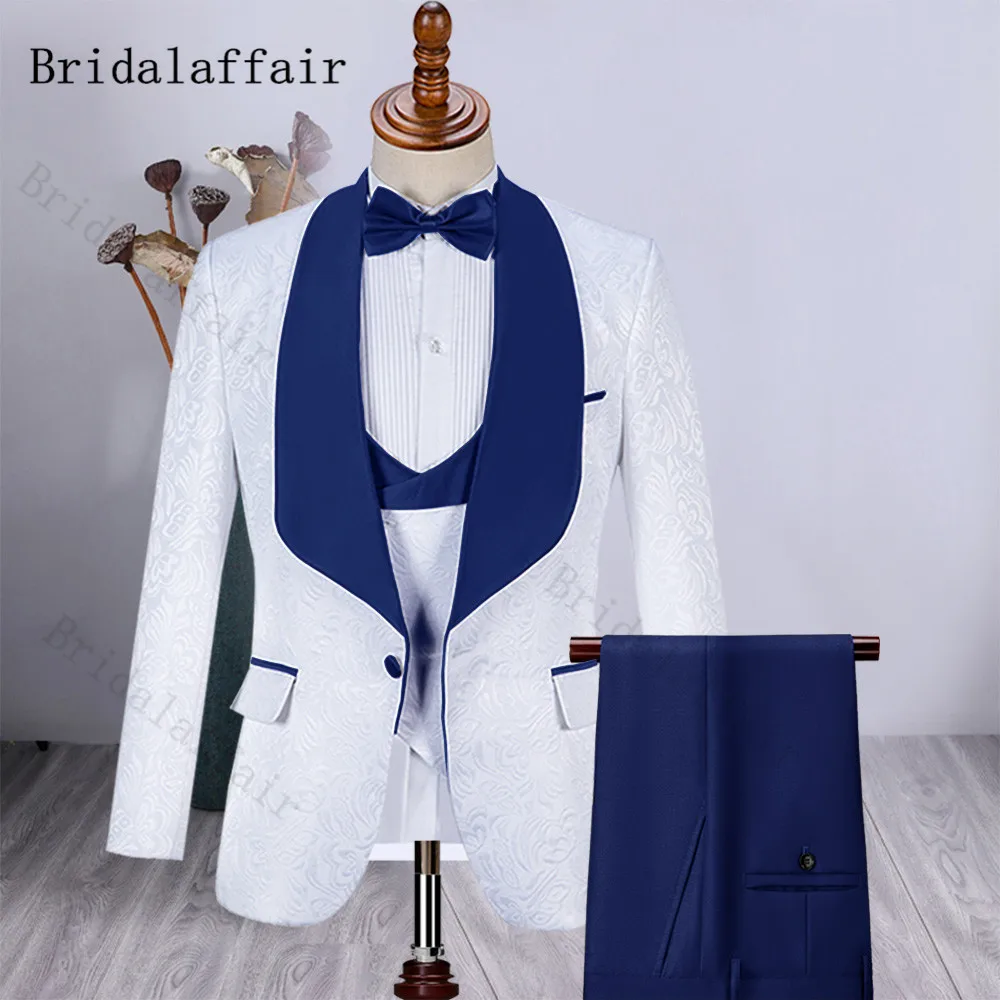 

Bridalaffair New Navy Lapel Plain Pants White Jacquard Tuxedos Groomsmen Wedding Suits 3 Pieces set Elegant Man Prom Clothing