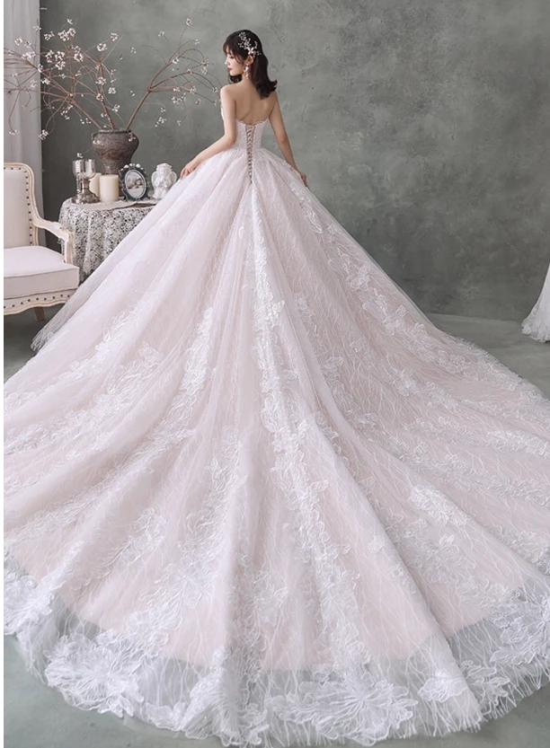 Lace Wedding Dresses Strapless Bridal Gowns Vestido De Novia Illusion Lace Tulle Pink Ball Gown Robe de Mariage Real Photos 2021