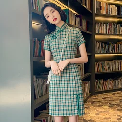 Short Sleeve Cheongsam Knee Length Elegant Women Mandarin Collar Party Dress Sexy Summer Evening Qipao Button Vestido Size M-3XL