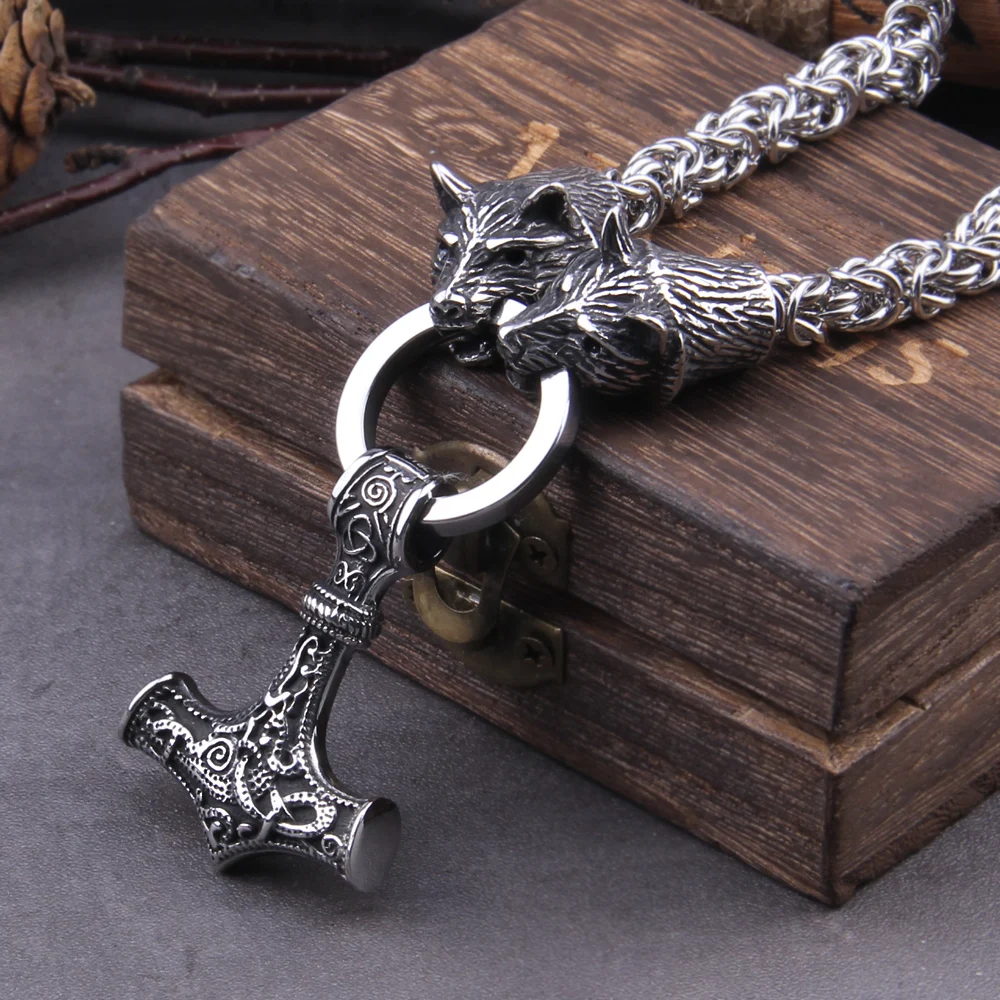 Stainless Steel Wolf Head with Handmade Chain Necklace thor's hammer mjolnir viking necklace  with wooden box as boyfriend gift