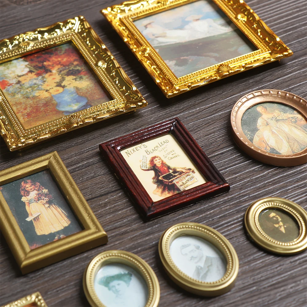 Kids Toys Doll Accessories Dollhouse Ornament Resin Craft Vintage Framed Photos Miniature Oil Painting 1:12 Scale Mini Picture