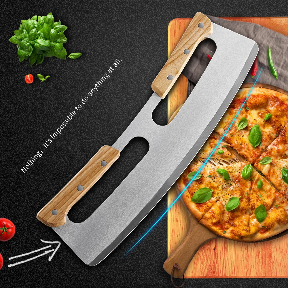 Pizza Cutter Rocker Stainless Steel With Double Wooden Handle 14 Inch Upgraded Sharp Pizza Slicer Knife Chopper With Blade Cover