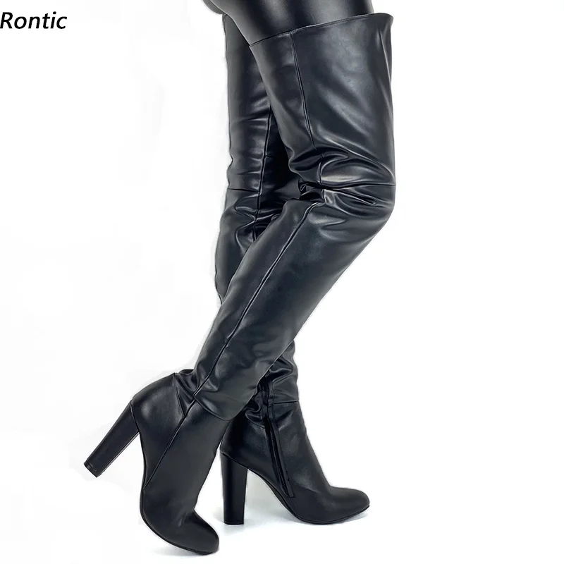 Rontic Handmade Women Winter Thigh Boots Unisex Side Zipper Block Heels Round Toe Elegant Black Casual Shoes US Size 5-20