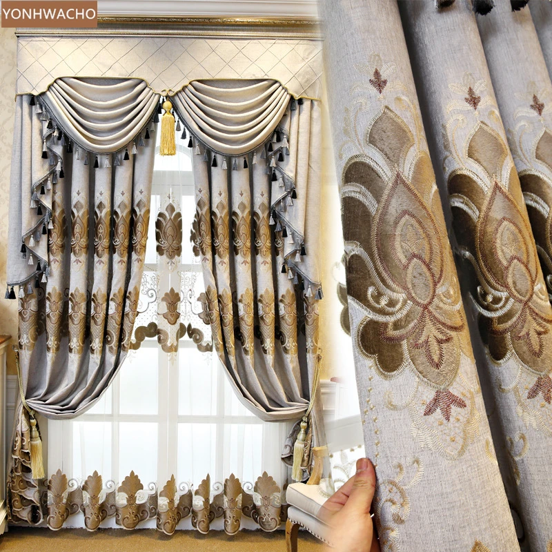 

Custom curtain new luxury high-grade European-style embroidery villa grey cloth blackout curtain valance tulle panel C157