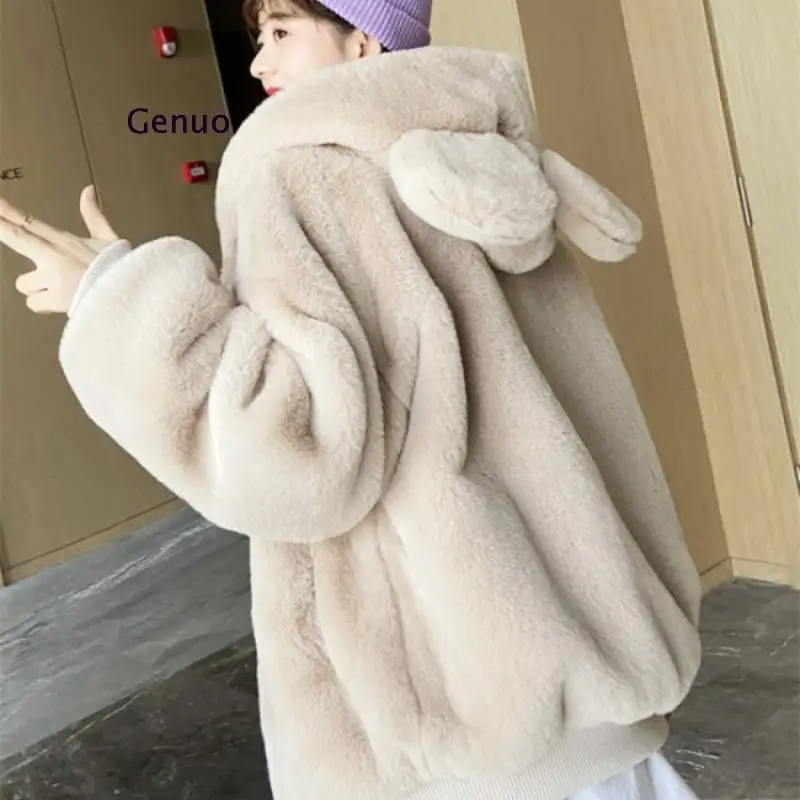 Fluffy Top Coat Winter Cute Hooded Rabbit Ears Fluffy Coat Female Winter Fur Jacket Fur Thick Coat Furry Thick Warm Fur Kawaii