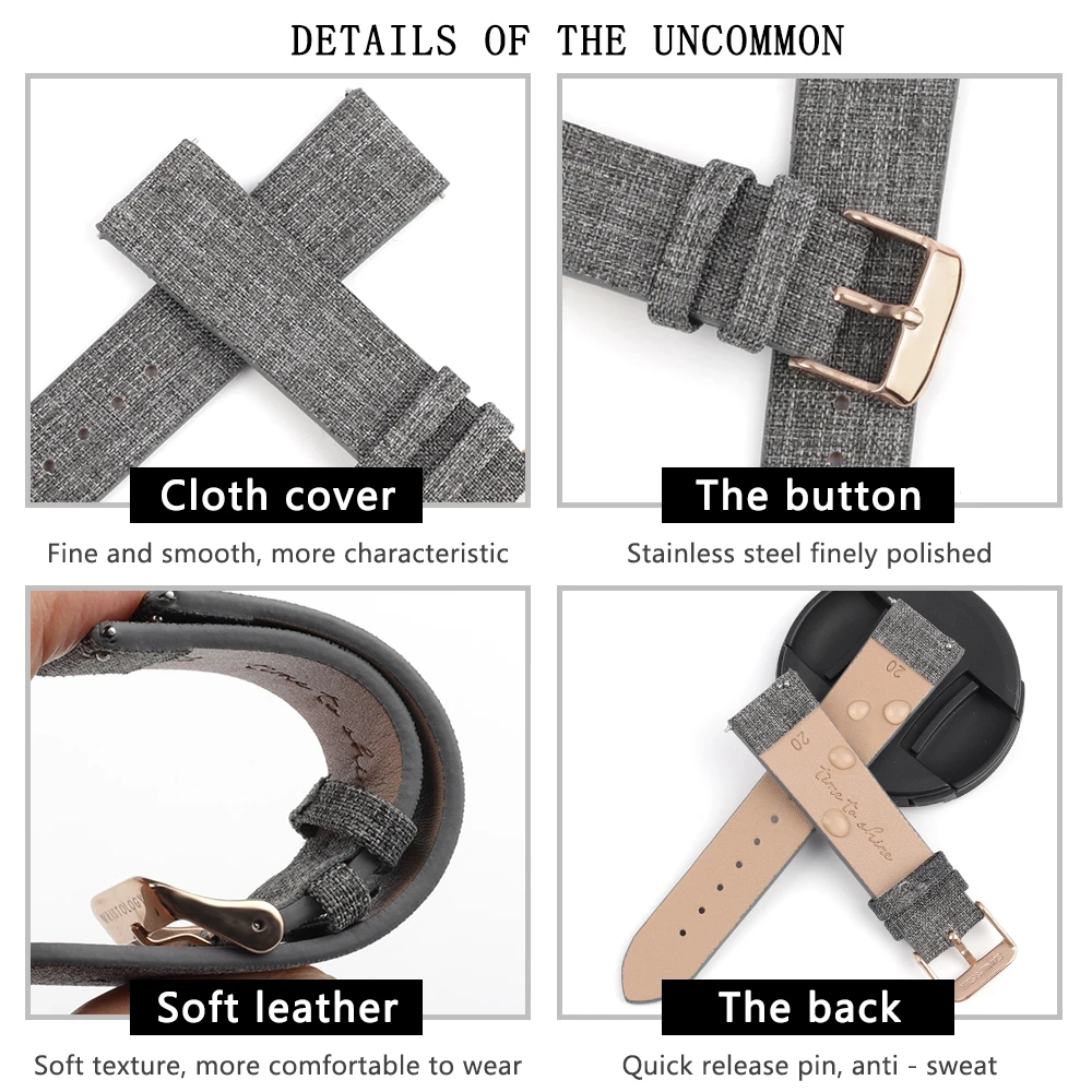 Nylon Canvas Fabric Watch Gray Cow Leather Watch Strap Band 16mm 20mm Wristwatch Accessories for Women Men Watch