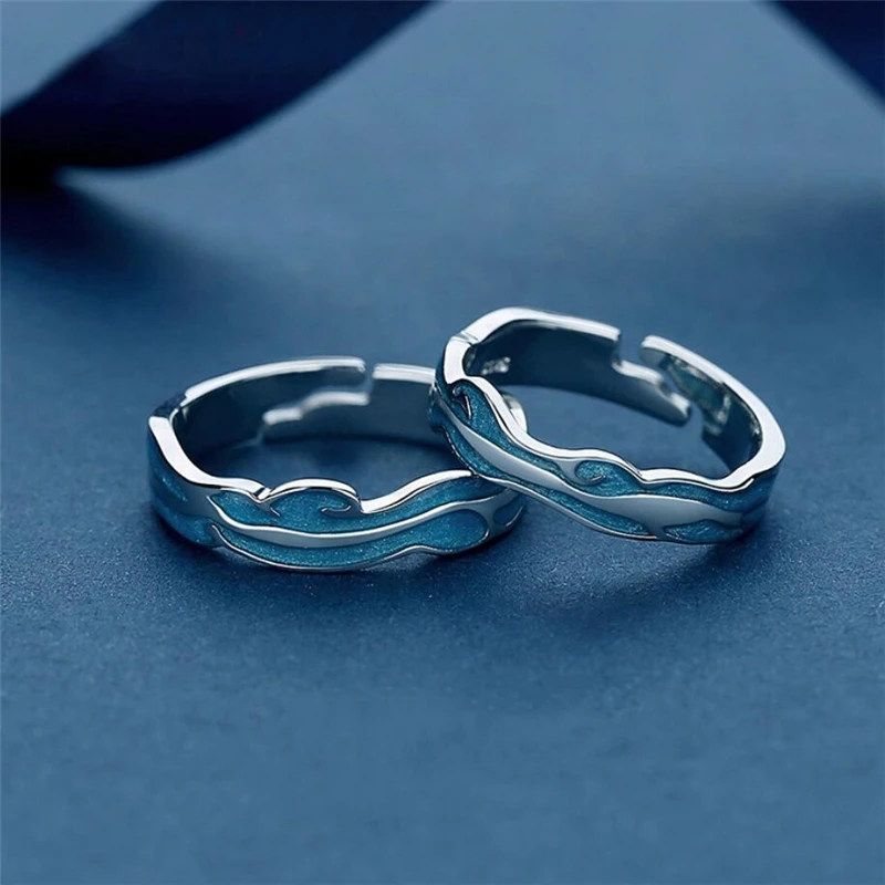 Sole Memory Blue Drop Glaze Wave Couple Ring Sweet Romantic Silver Color Resizable Opening Ring For Women Luxury Jewelry SRI454