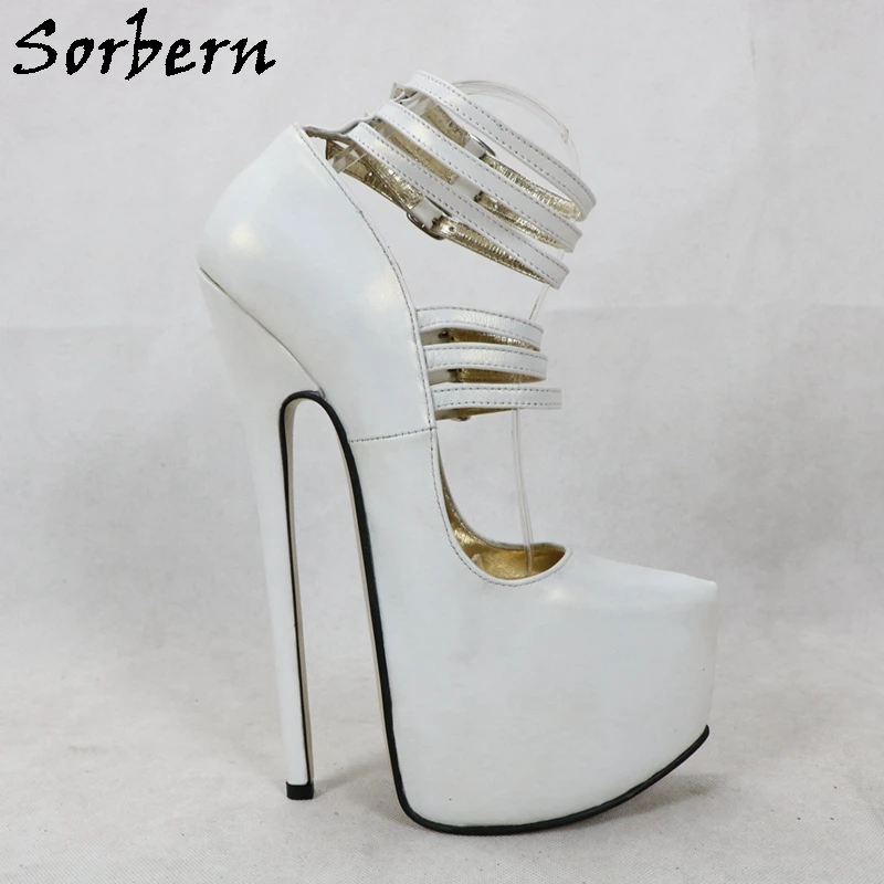 Sorbern Sexy bianco opaco pompa scarpe da donna 22Cm tacchi alti cinturini tripli punta a punta piattaforma vera pelle Mary Janes scarpe da donna