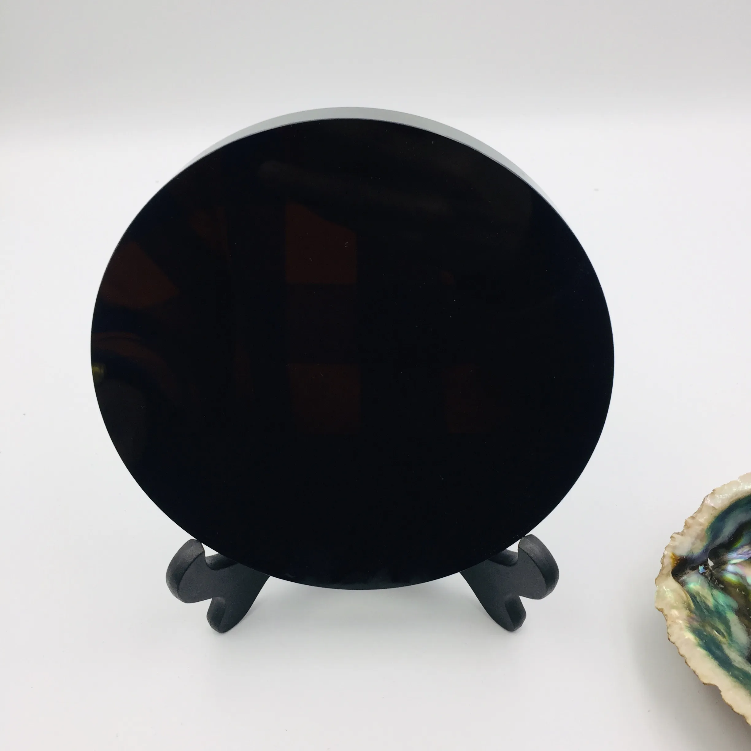 8-20cm High Quality Natural Black Obsidian Stone Scrying Mirror Round Plate Fengshui Mirror For Home Decoration Gift With Shelf