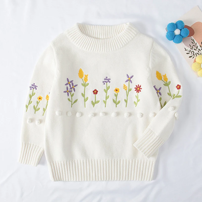 Kids Baby Boys Girls Sweater Autumn Winter Kids Boys Girls Long Sleeve Embroider Flower Pullover Sweater Knitted Sweater