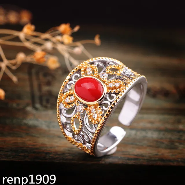 

KJJEAXCMY boutique jewelry 925 sterling silver women's court fashion gold-plated carved stone red agate opening