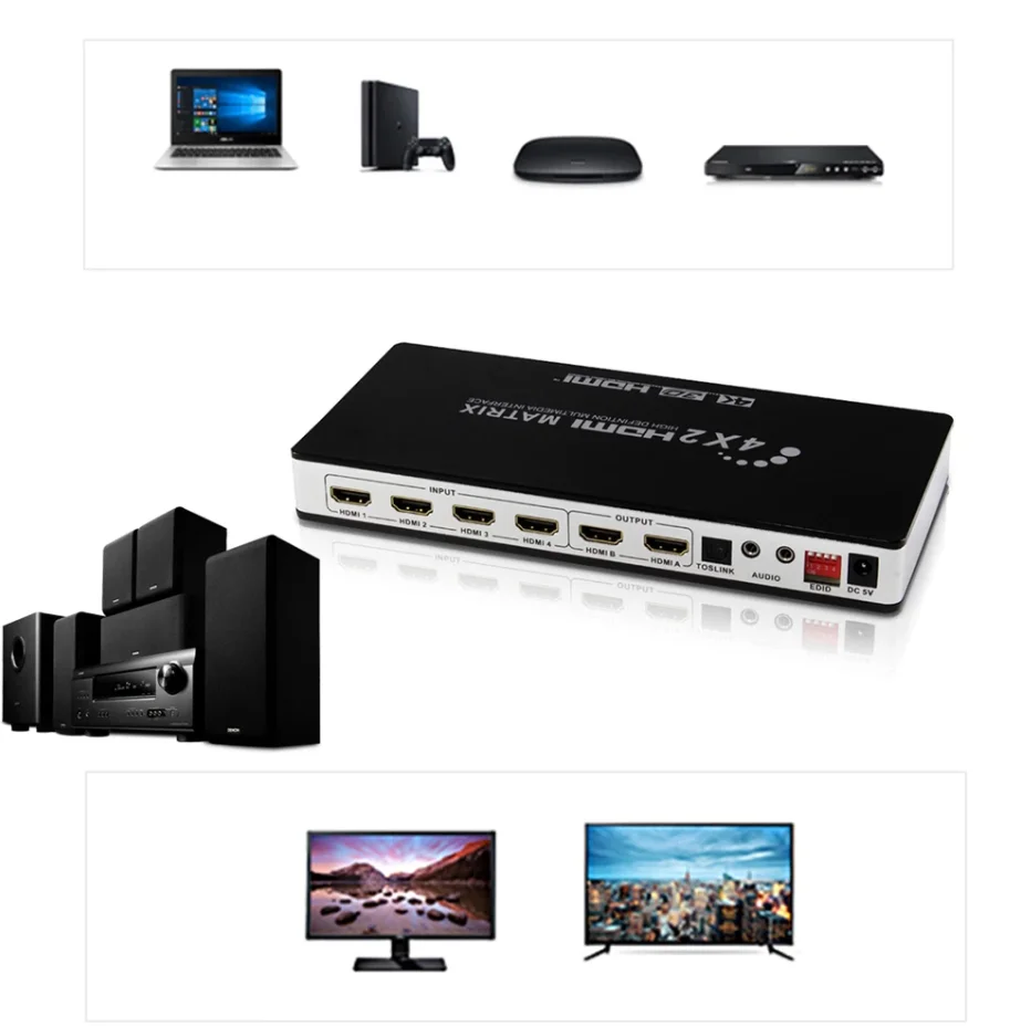 Hdmi 2.0 Matrix 4X2 4K 60Hz Hdcp 2.2 Edid Controle Hdmi 2.0 Switcher Matrix Splitter 4 In 2 out 4K Hdmi 1.4V