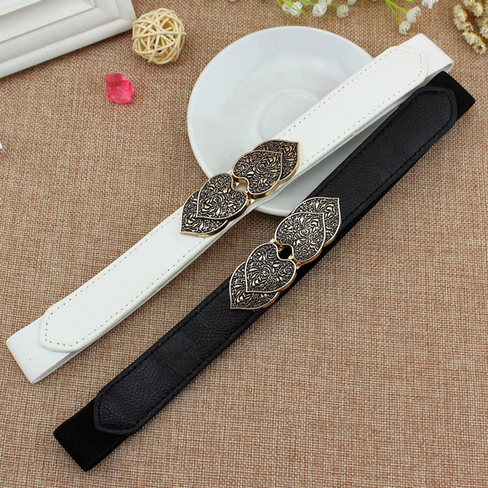 Fashion Female Thin Belt Elastic Alloy Buckle Waistband for Women Double Heart Waist Seal Dress Sweater Clothing Accessories