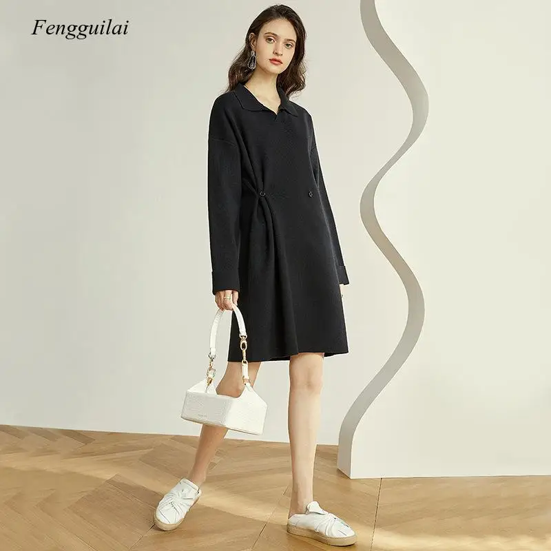 Oversized Autumn Winter Women Dress Turn-Down Collar Button Defined Waist Sweater Dresses Thick Warm Pullover