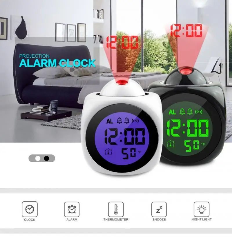 Digital LCD Projector Alarm Clock Creative Colorful Backlit Electronic Clock Voice Time With Thermometer Snooze Function