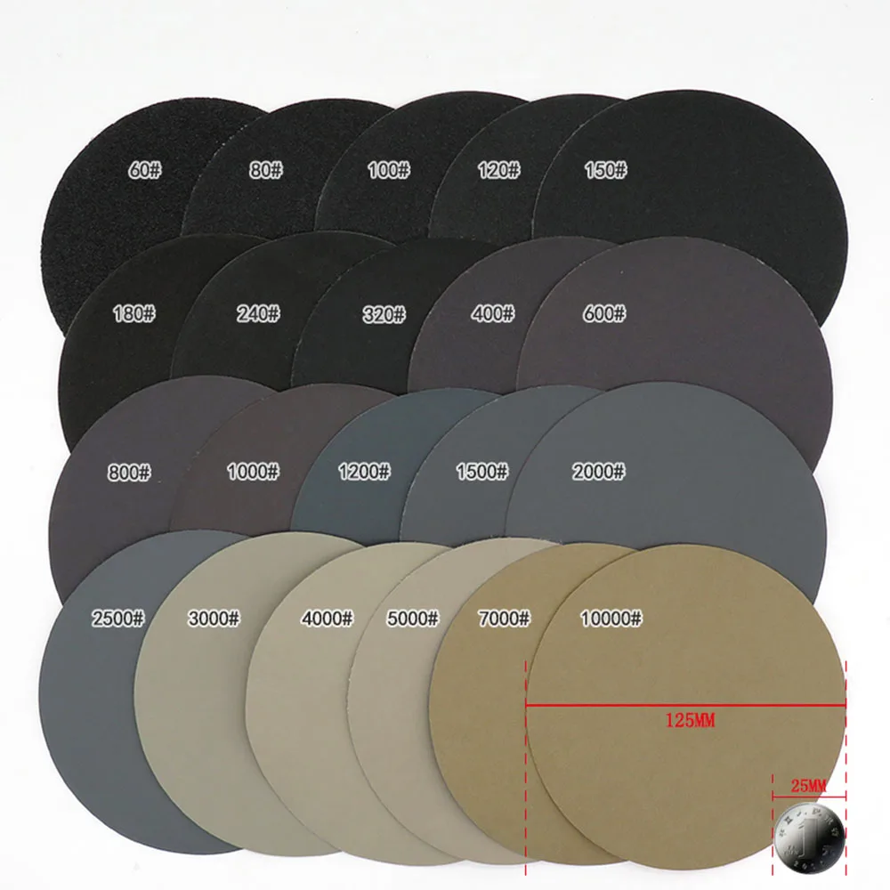 フラットヒールの品揃え,研磨と研磨用のフック付きサンダー,5インチ,125mm,60〜10000グラム,10個。
