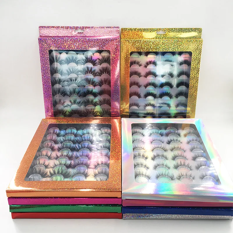 Cruelty Free Dramatic Fluffy Eyelashes Holographic Glitter 16pairs Lash Book with Natural 3D Full Strip Mink Lashes