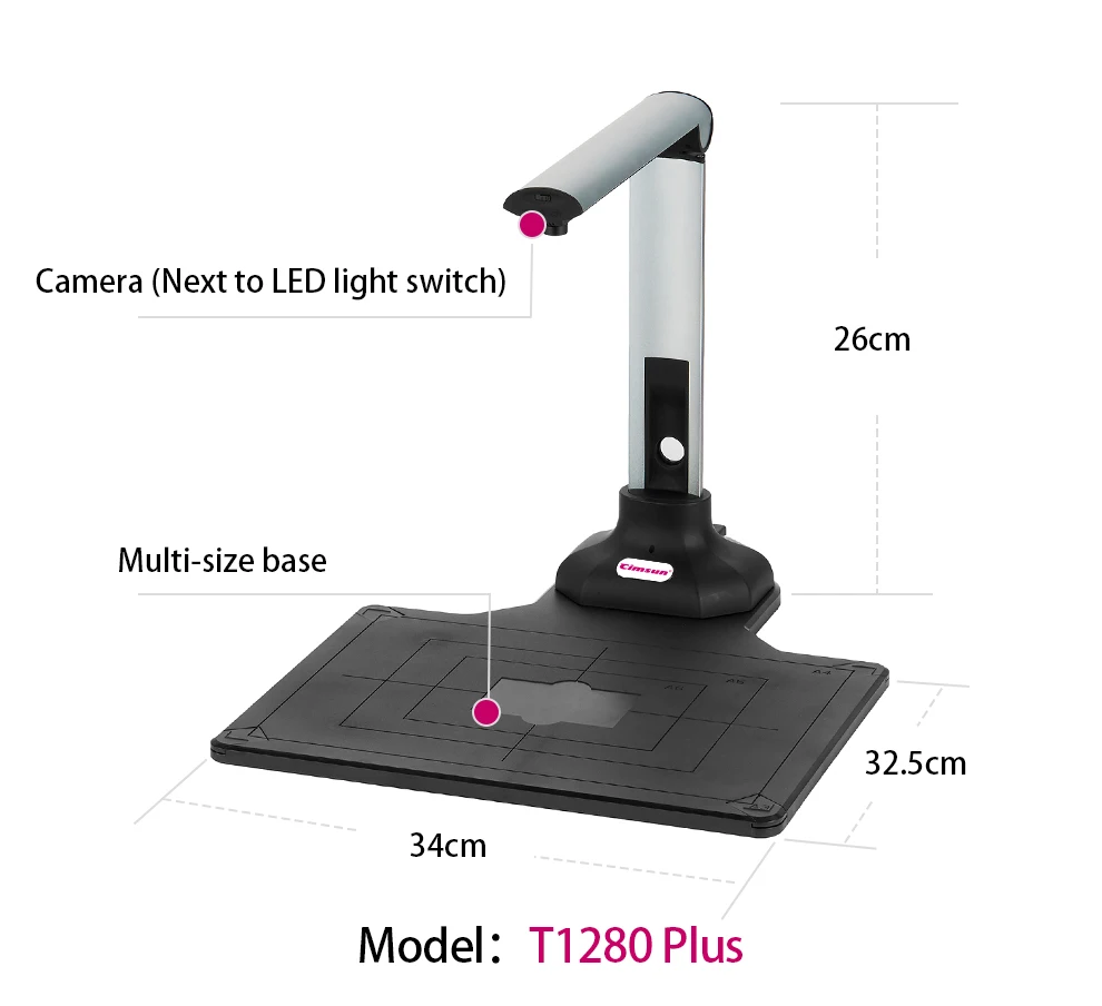 New Version Scanner T1280 Plus Hard Base Book Document Camera 12 Mega-pixel Camera HD Size A4 English Software For Office/School