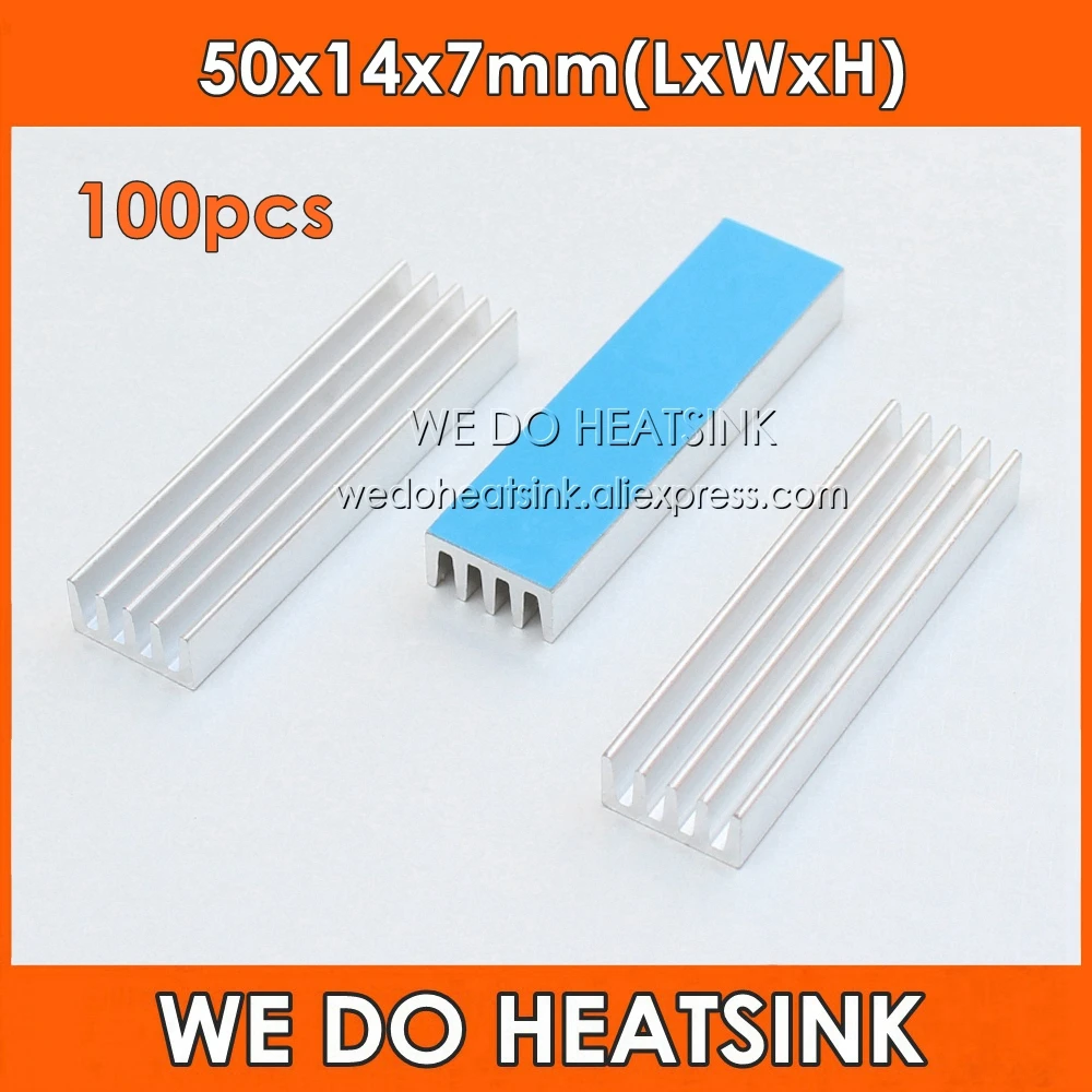 

WE DO HEATSINK 100pcs 50x14x7mm Aluminum Rectangle Heatsink Radiator Cooler With Thermal Adhesive Heat Transfer Tape