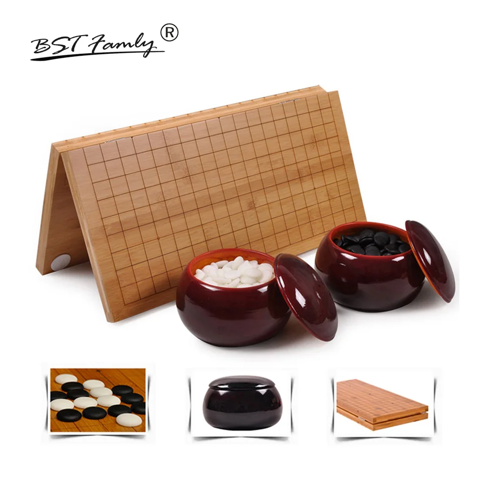 BSTFAMLY Go Chess 19 Road 361 Pcs/Set Chessman Diameter 2.2cm Wood Foldable Chessboard and Jar Chinese Old Game of Go Weiqi G14