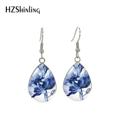 2021 Blue Floral Paintings Glass Cabochon Tear Drop Dangle Hook Earrings Handmade Crafts Jewelry