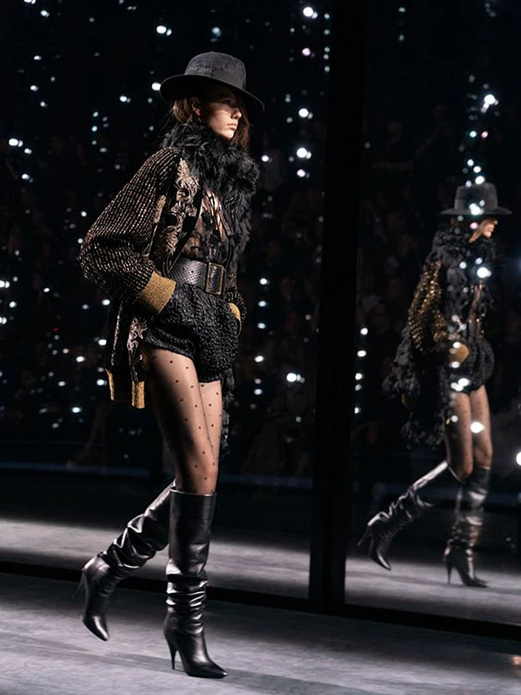 الركبة عالية ترهل الأحذية جلد طبيعي سبايك الكعوب الانزلاق على النساء فستان أحذية المدرج السيدات ماتي الجلود أحذية عالية الجودة #2