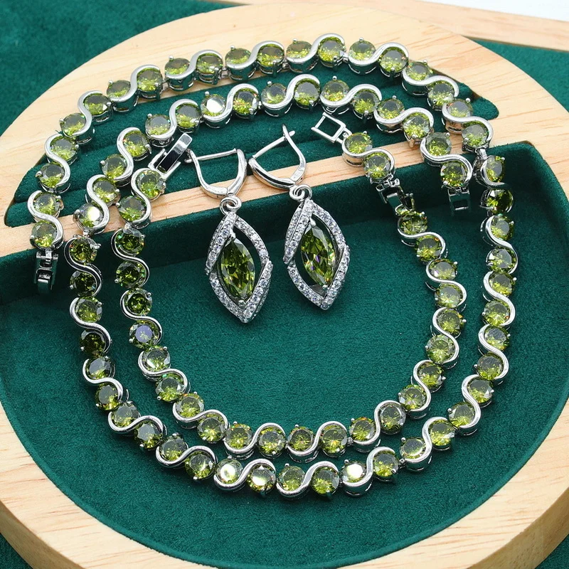 Necklace 925 Silver Jewelry Sets for Women Wedding Luxurious Olive Green White Zircon Earrings Bracelet Holiday  Gift