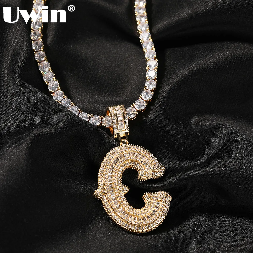 UWIN Initial Letter Pendant Necklace for Women Men Iced Out baguettecz Zircon Charms with Tennis Chain Hip Hop Jewelry for Gift